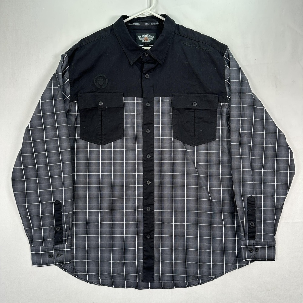 Harley Davidson Shirt Mens‎ 3XL Black Gray Plaid Button Up Enbroider Long Sleeve